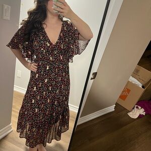 Axara red and black printed ruffle dress with gold pineapples and flutter sleeve